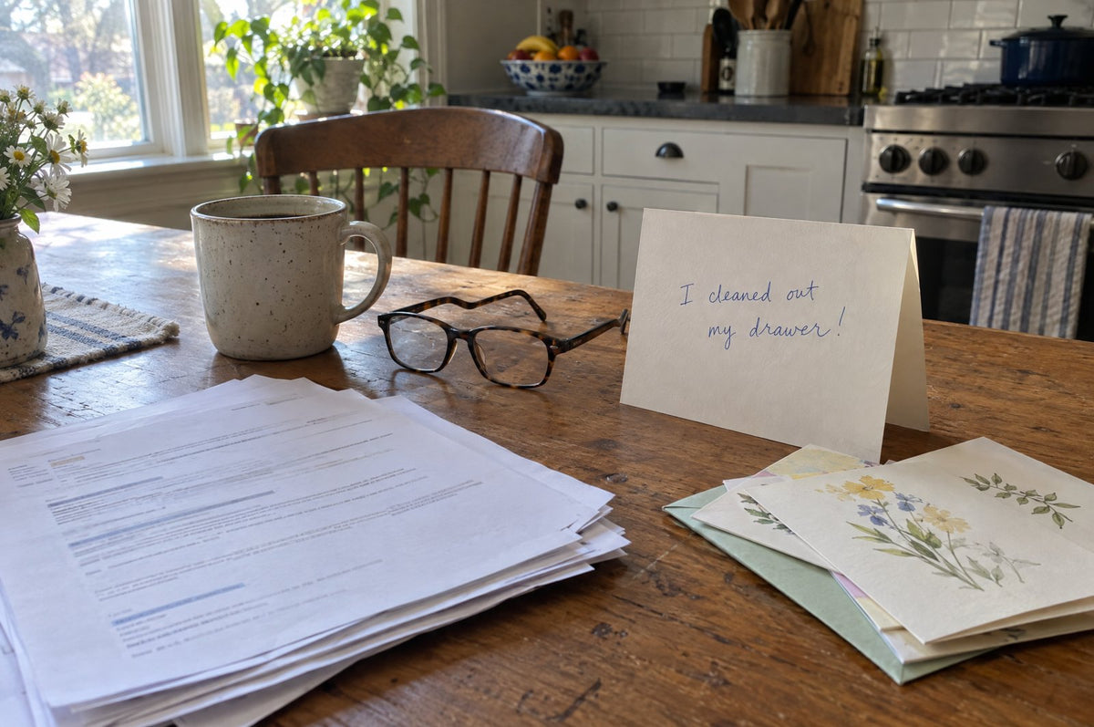 A kitchen table in morning light: a coffee mug, reading glasses, and a loose stack of printed emails and a few handwritt