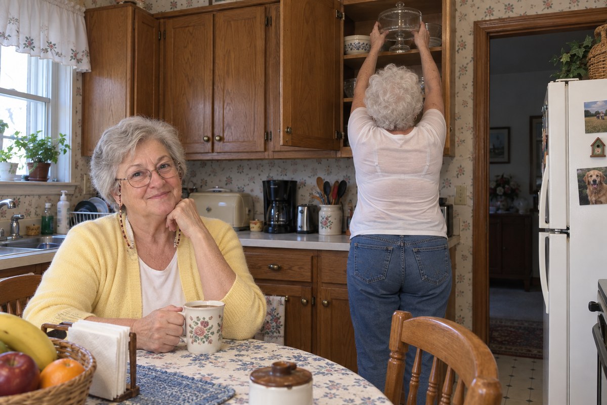 Irene reaches for the cake plate and her band rides up