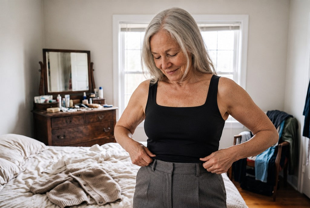 Tucking the hip-length tank into slacks