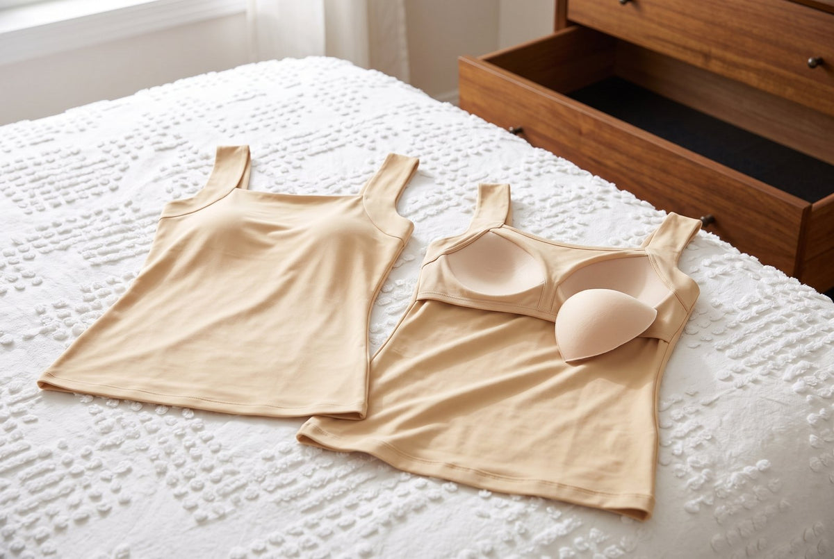 The finished tank in nude, laid flat on the same white bedspread beside the now-empty drawer, turned slightly to show th