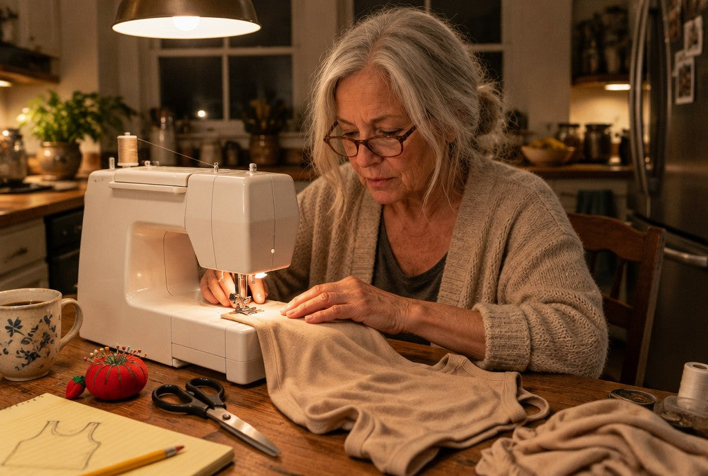 Susie sewing an early tank at the kitchen table