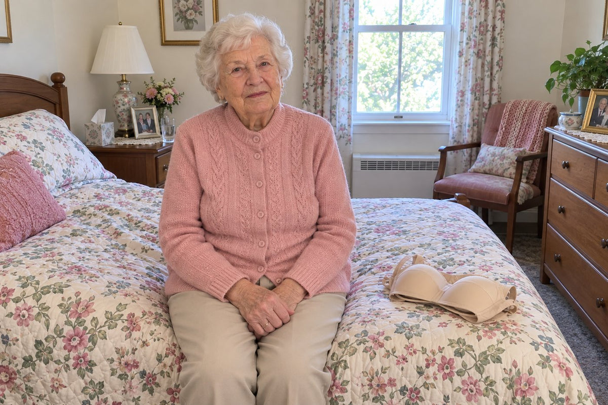 Dorothy, 81, in her cardigan buttoned to the chin, a folded bra beside her