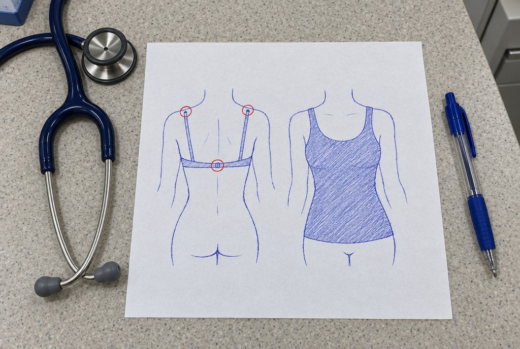 Brenda's sketch: a bra presses on three spots, the tank spreads it out